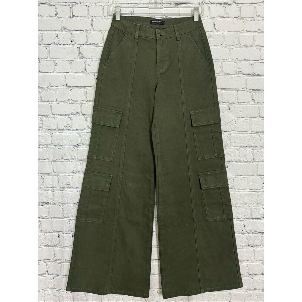Prosperity Denim Wide Straight Leg Cargo Jeans Womens 25 in Olive Green NWT